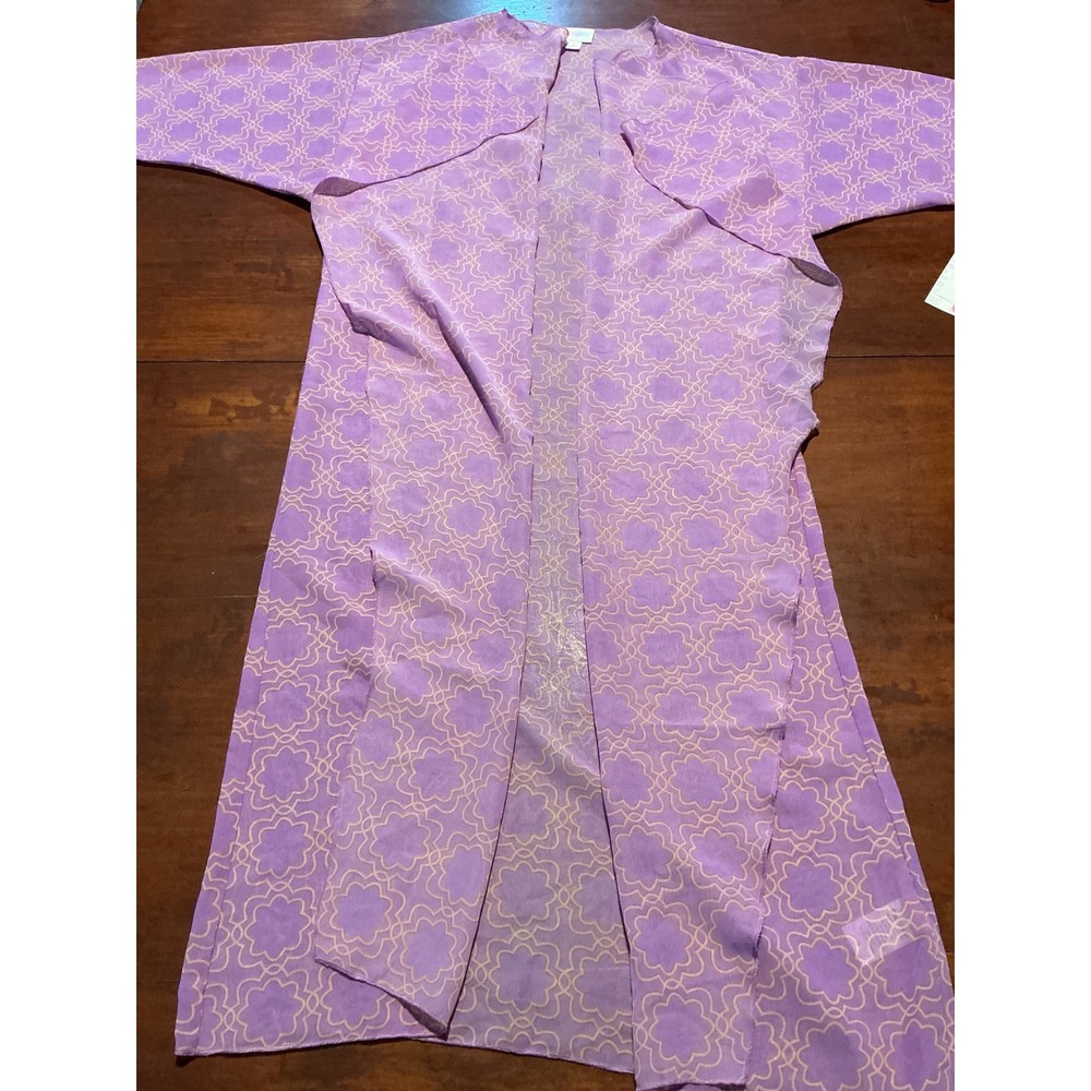 LuLaRoe Shirley Kimono Wrap Purple Yellow Geometric Sheer Open Front Small NEW